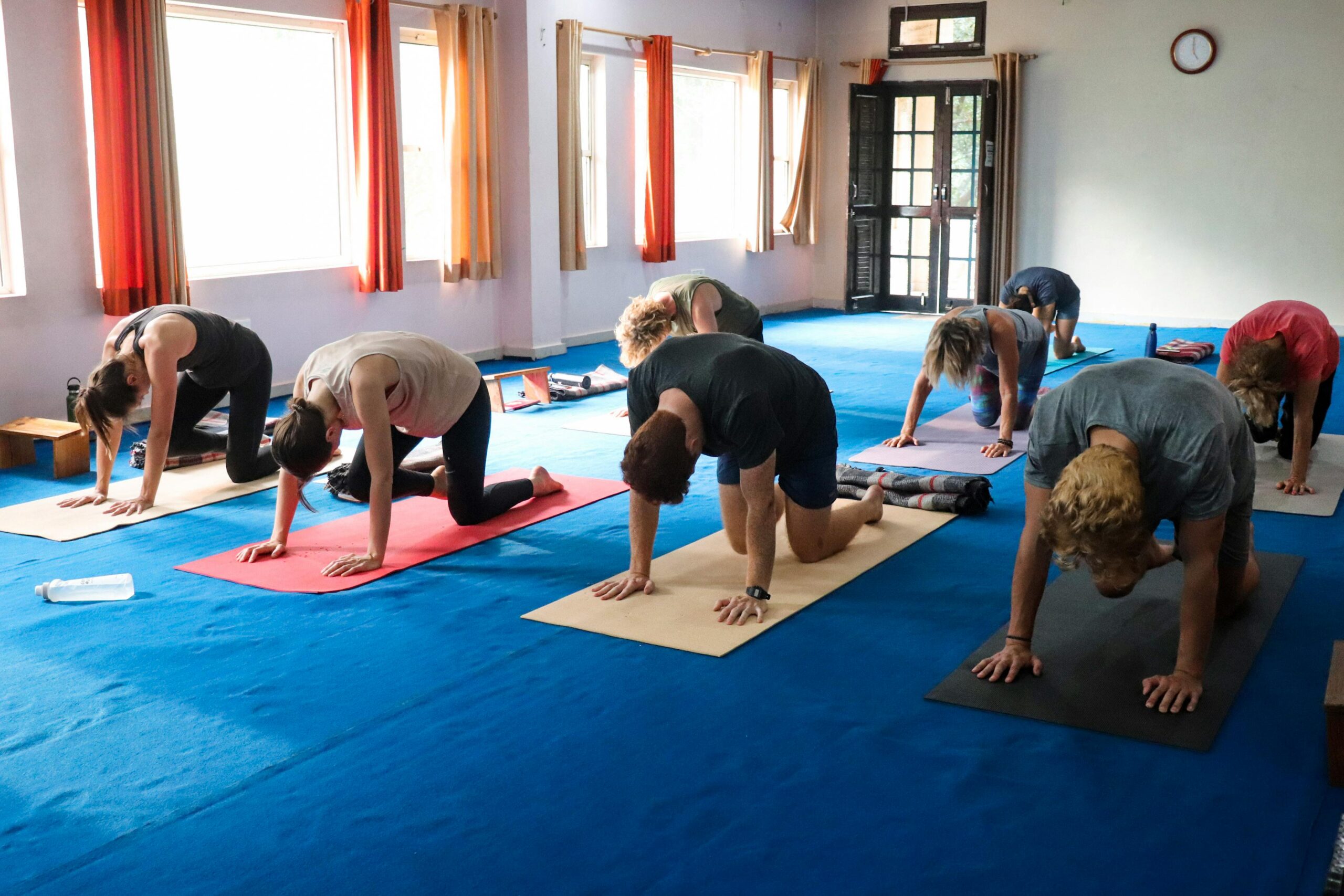 A focused yoga class in Rishikesh, India, emphasizing wellness and unity.